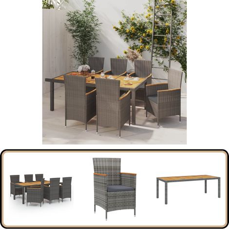 7-tlg. Garten-Essgruppe mit Kissen Poly Rattan Grau - Gartengarnituren - Gartenmöbel - Esstisch - Gartensessel - Rattanmöbel