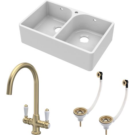 Fireclay Kitchen Bundle - 2 Bowl Full Weir 1 Tap Hole Butler Sink with Wastes & Lever Tap, 795mm - Brushed Brass