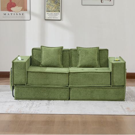 Sofá cama modular de 2 plazas en chenilla con 2 cojines, almacenaje lateral, verde, REDOM (1/5)