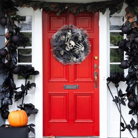 Guirlande De Crâne En Maille Noire - Couronne D'Halloween Pour Porte Extérieure Ou Intérieure - Décoration Festive Automnale Et Fantôme - 1 Pièce (1/4)