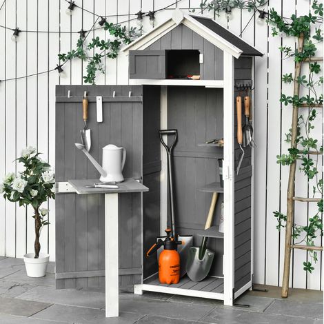 Armario de jardín gris 78 x 52,5 x 182 cm con puerta, techo inclinado y mesa plegable OKMYHOME (1/5)