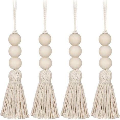 4 Stück Holzquastenperlen, Landhausperlen, natürliche Gebetsperlen, Baumwollschnur, dekorativer Wandbehang, Pompon-Perlenanhänger für Kleiderschrank, Veranda