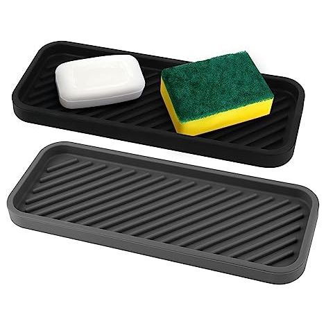 Organiseur d'Évier en Silicone - 2 Packs Tapis d'Égouttage 22.8 cm x 9 cm - Support de Cuisine Pour Rangement Éponges, Produit Vaisselle, Savon (1/4)