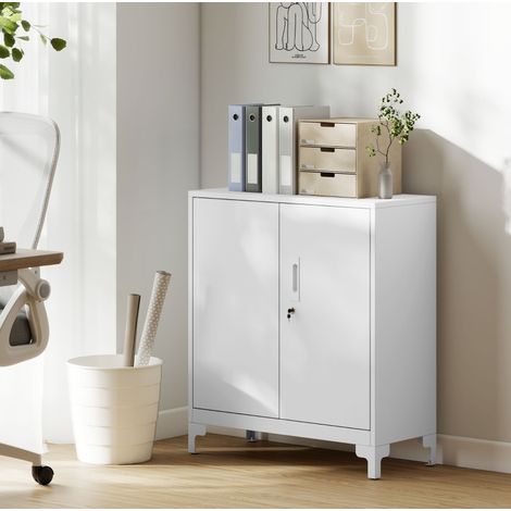 Armoire de bureau en métal blanche à 2 niveaux, portes verrouillables, 80 x 91 x 35 cm (1/5)