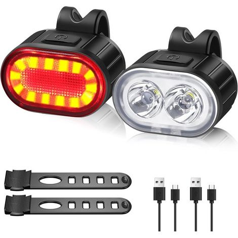 Juego de luces para bicicleta - Delantera y trasera - Ciclismo seguro - Recargable por USB - 10/12 horas - Negro (1/5)
