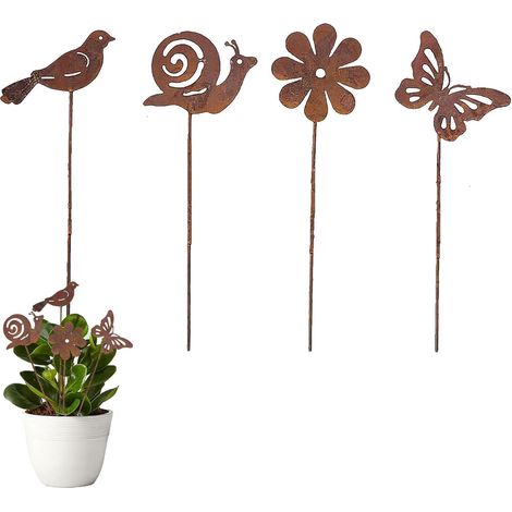 Lot de 4 piquets de jardin, métal rouillé, décoration extérieure, résistant intempéries, pour pelouse cour balcon pot fleurs