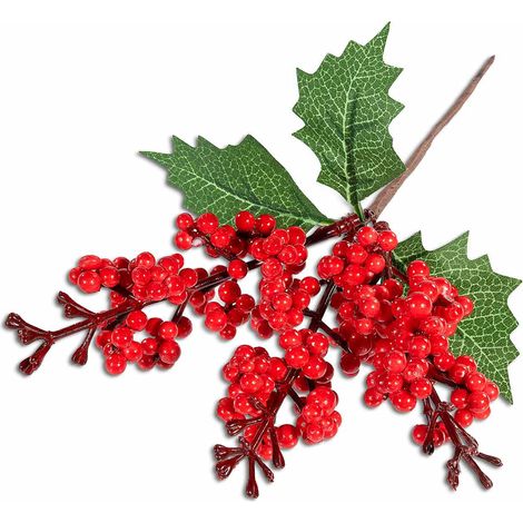 Rametti pick natalizi di bacche rosse e foglie verdi, set da 24 pezzi, cm 11 H (con gambo 21)