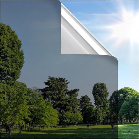 Film Miroir pour Fenetre sans Tain, Film Anti Chaleur Anti UV, Electrostatique, sans Colle, Protection de la Vie Privée, Brise Vue Fenetre pour Maison Bureau Magasin, 44.5x200cm Argent Noir (1/5)