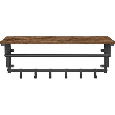 Porte-manteau mural, patère avec 5 crochets amovibles, étagère flottante avec barre de suspension, pour couloir, chambre, salon, marron et noir (1/5)