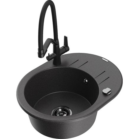 Mexen Kevin 1-Becken-Granitspüle mit Mischbatterie Duo, Schwarz gesprenkelt - 6517-76-671701-70-B