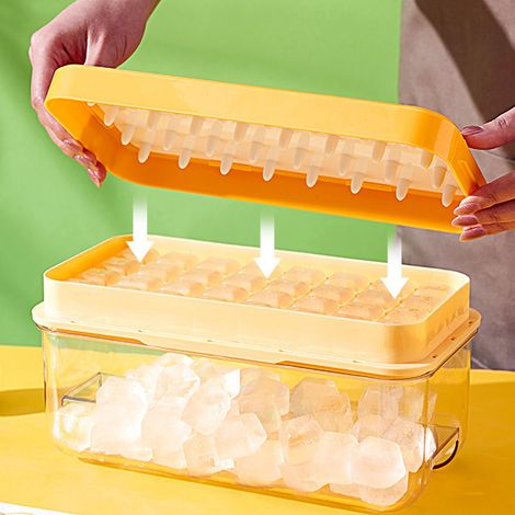 Bac à glaçons avec couvercle, pelle à glace et rangement pour 64 glaçons (2 niveaux), en silicone jaune à démoulage facile. (1/5)