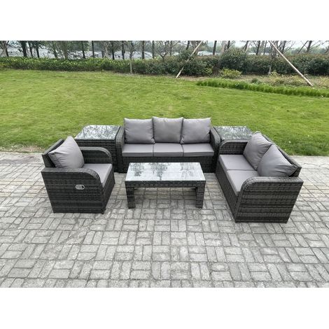 Fimous 6-Sitzer Hoher Rücken Polyrattan Gartenmöbel Set mit Loveseat Sofa Rechteckiger Couchtisch 2 Beistelltischen Garten Lounge Set Dunkelgrau Gemischt (1/5)