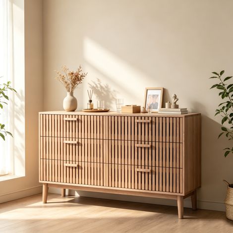 Commode 100x34x73 cm avec 6 Tiroirs, dispositif anti-basculement, Meuble de Rangement Moderne à Grille Verticale, Bois (1/5)