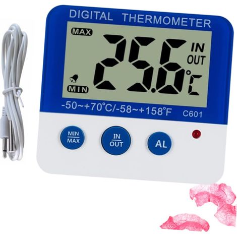 Thermomètre Numérique Intérieur Et Extérieur Avec Alarme Température Haute Et Basse Moniteur De Réfrigérateur Et Congélateur Affichage Led Pour Cuisine Blanc Et Bleu