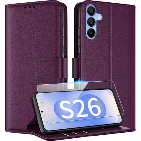 Coque pour Samsung Galaxy S26 Etui avec Verre Trempé Porte Carte à Rabat Clapet Portefeuille en Cuir Pochette Flip Case Étui Cover Housse Protection,Violet Foncé (1/5)