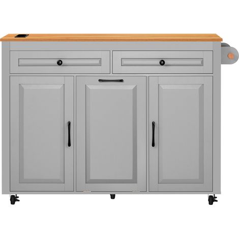 Isola da cucina grigia su ruote con piano estensibile, vani e presa integrata in MDF (1/5)