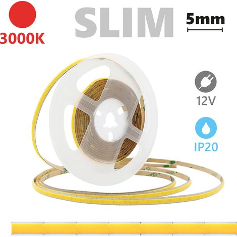 Bande Led Cob Slim Ip20 5 Mètres 12V 3000K Lumière Chaude 6W/M 600Lm/M 504 Led/M Haute Densité Pour Éclairage Linéaire Professionnel (1/3)