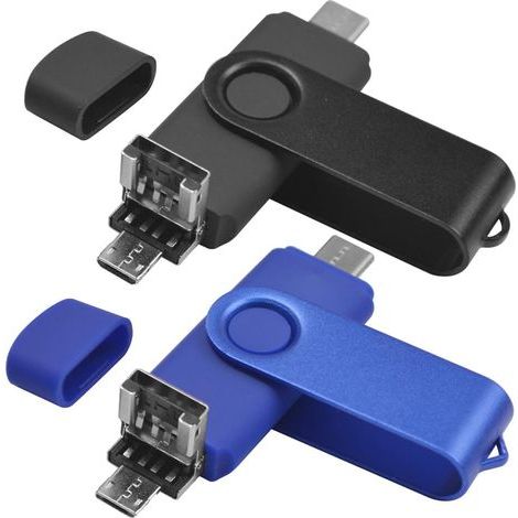 Pack of 2 USB C 64GB Flash Drives, USB 2.0 OTG, 3-in-1 Type C USB Micro USB Memory Stick, 64GB Flash Drive U Disk for PC, Tablet, Android Smartphone (Blue/Black) (1/5)