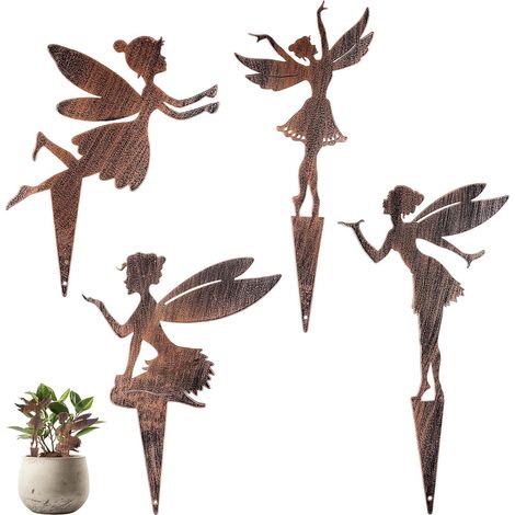 4 Piquets De Jardin, Métal Effet Rouillé, Figurines Fées, Décoration Extérieur, Pour Plantes Et Pots (1/5)