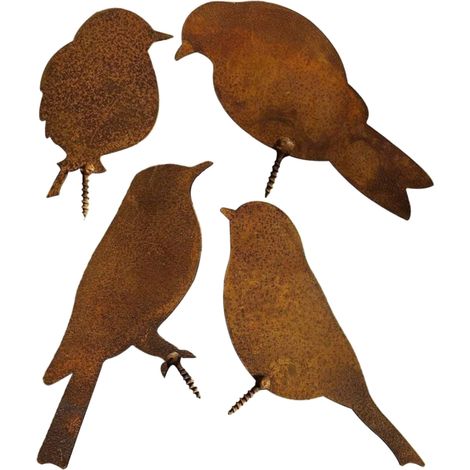 Oiseau Décoration Jardin - En Fer avec Patine Rouille Naturelle - Pour Arbre Clôture Extérieur - Lot de 4 Pièces (1/5)