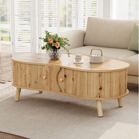 Table basse forme haricot MDF naturel rangements HAVRYA (1/5)