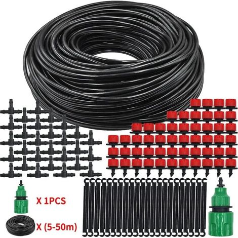 (A-20M) Kit d'arrosage goutte à goutte réglable avec micro-buse et tuyau en PVC, accessoires inclus.