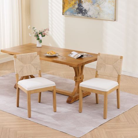 Juego de 2 sillas de comedor, respaldo de ratán transpirable, asiento acolchado de lino, madera maciza beige (1/5)