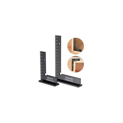 Règle de précision en deux parties avec équerre et graduation, en aluminium 150 x 100 mm + équerre de menuisier en métal 100 x 70 mm pour le réglage de machines et l'utilisation en laboratoire (1/4)