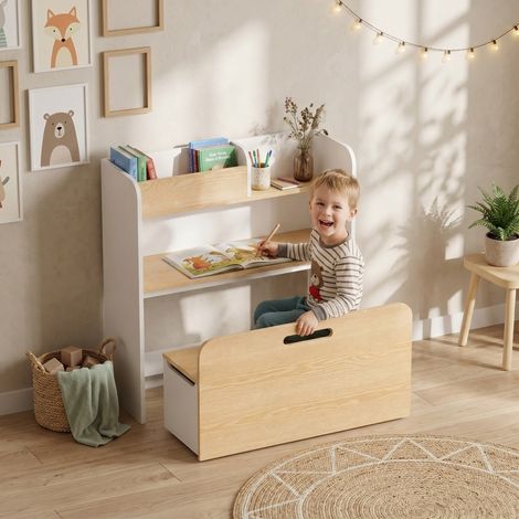Ensemble table et banc pour enfants 5 en 1 avec bibliothèque et rangement, blanc HAVRYA (1/4)