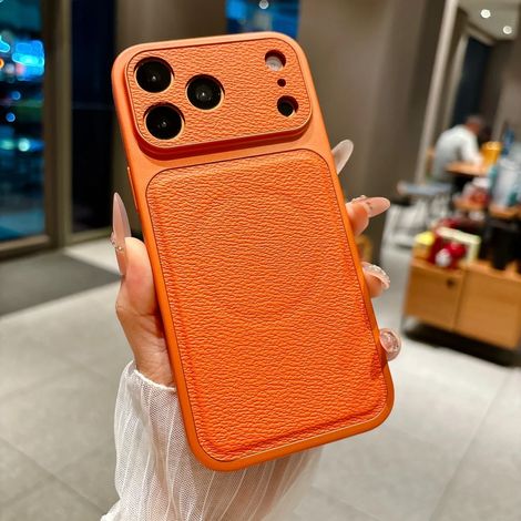 Étui magnétique MagSafe en cuir mat avec grande fenêtre pour iPhone 17 (Orange).