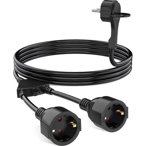 Adaptateur de prise double résistant aux intempéries - Double prise pour prise extérieure - Avec fiche plate (câble d'alimentation en U pour intérieur/extérieur) - 13 A 250 V 3250 W - Noir (1/3)