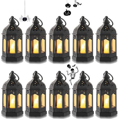 Mini Lanterne LED Exterieur - Lot de 10 Lanterne Bougie Noir Decorative Bougeoir pour Halloween, Ramadan, Mariage, Noel, Decoration de Table, Piles Incluses (1/4)