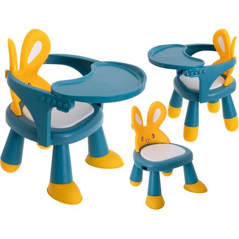 Silla de mesa y juego para comer y jugar amarilla y azul.