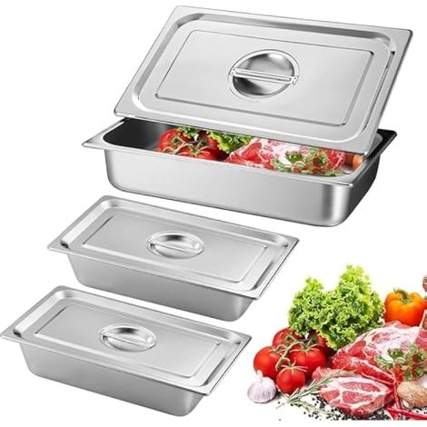 Lot De 3 Bac Inox Alimentaire, Récipients en Acier Inoxydable avec Couvercle, Plat Four Rectangulaire, Plats à Four en Acier Inoxydable, Récipient Gastronorme Alimentaire, 32,5 x 17,5 x 6,5 cm (1/5)