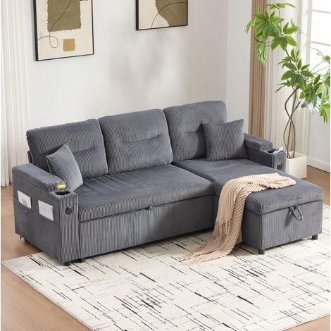 Sofá cama 3 plazas 212,5/136/86 cm gris carbono en pana con chaise longue y USB-C (1/5)