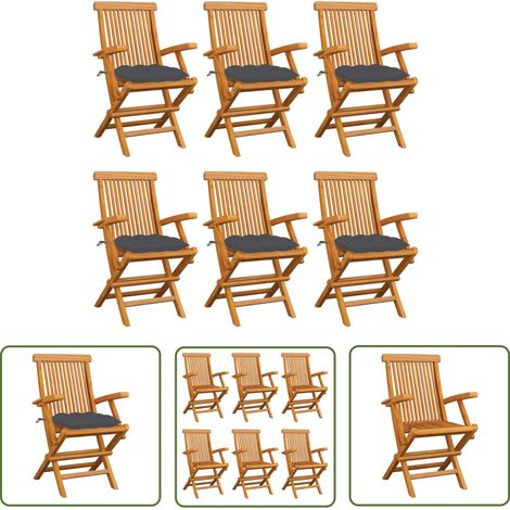 The Living Store Chaises de jardin avec coussins anthracite lot de 6 Bois teck - Chaise De Jardin - Mobilier De Jardin - Chaise En Bois - Terrasse - Jardin (1/5)