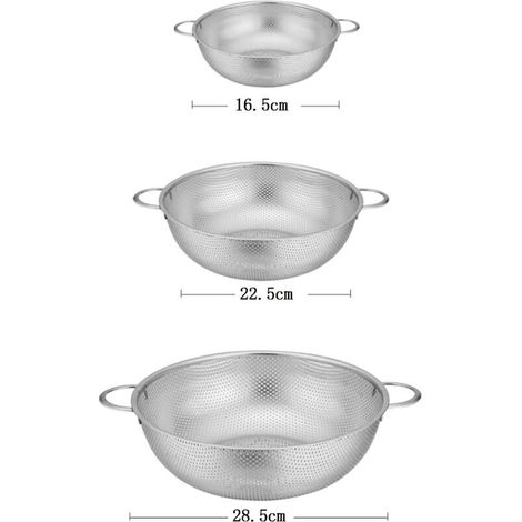Set di 3 scolapasta in acciaio inox microforato (16/22/28 cm), con manici, lavabili in lavastoviglie, per pasta/verdure (1/3)