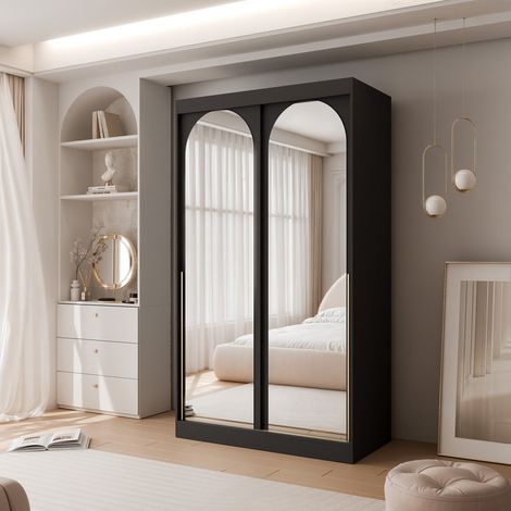 Armoire CLARITY - 7 compartiments - avec miroir - 120x65x215 cm - Noir / poignées dorées (1/5)