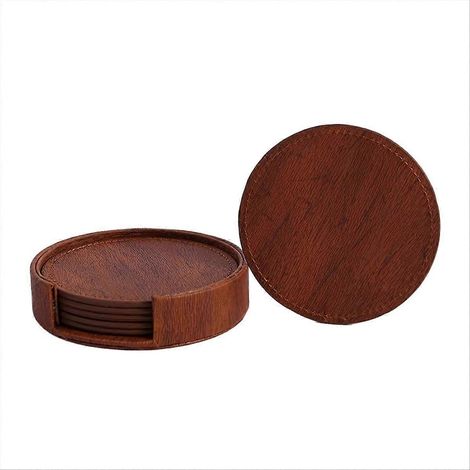 Lot de 6 bois Grain cuir sous verres pour thé et café Cups Insulated Non Slip Placemats bar et plan de travail marron (1/5)