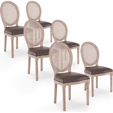 Intensedeco – Lot de 6 chaises médaillon Louis XVI – Cannage rotin vintage – Assise synthétique marron – Hauteur 96cm – Largeur 49cm – Profondeur 56cm (1/2)