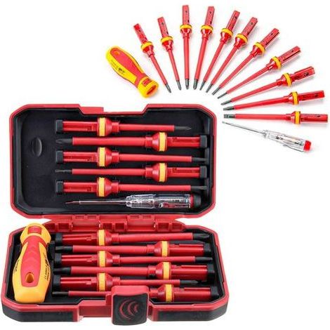 BRICOOMARKET 13 pièces Kit Tournevis Isolé VDE, Coffret Tournevis Aimanté Electricien, Jeu de Tournevis Torx Interchangeables avec Testeur de Tension, Outils de Réparation Manuels Durables (1/4)