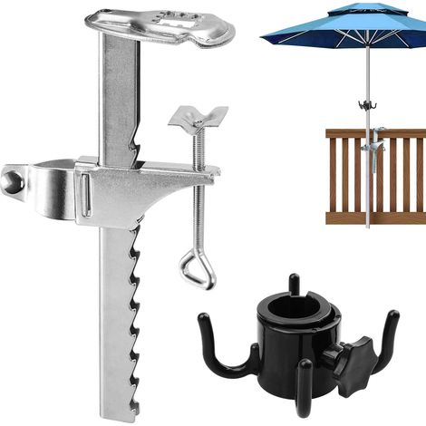 Support de parasol de balcon : clip de parasol allongé, support de parasol de balcon pour plateaux de table, balustrade, support de parasol épais en fer, plage de serrage 0-20 cm (1/5)