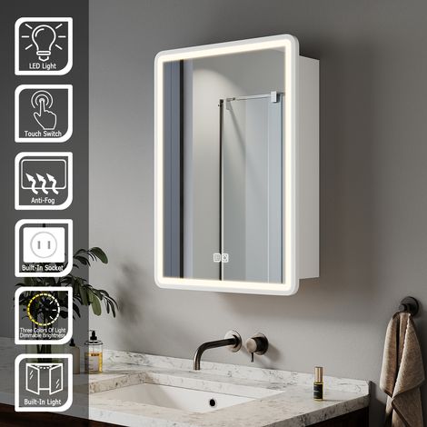 ELEGANT Bathroom LED Mirror Wall Bathroom Mirror Cabinet with Shaver Socket, Bright Adjustment and 3 Lights Changing Modes 450x600mm, White