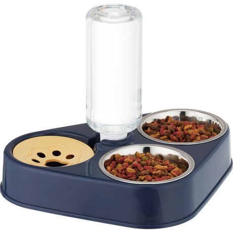 Relaxdays Support avec 2 gamelles et distributeur d'eau, pour chats et petits chiens, bouteille 120 ml, bleu/argenté