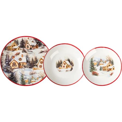 TRADE SHOP - Servizio Piatti Tavola Natalizio In Porcellana 18pz Decoro Paesaggio Invernale Bordo Rosso - (1/3)