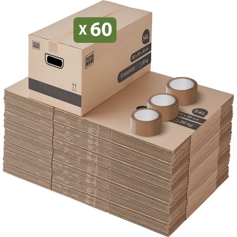Lot de 60 cartons déménagement 60 x 30 x 30 cm – Poignées renforcées – Cartons légers et robustes pour stockage – Pack And Move
