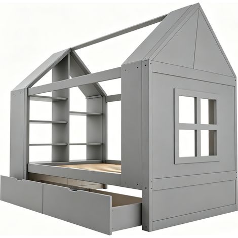 Cama infantil casa 90x200 cm gris con 2 cajones, estantes de almacenamiento y LED (1/5)