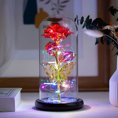 Lámpara LED con forma de flor Forever Rose y mariposa brillante en cúpula de cristal, ideas para regalos - rojo (1/4)