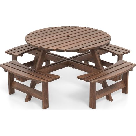 Set tavolo da picnic rotondo per 8 persone, Tavolo da pranzo circolare con 4 panchine Marrone (1/4)