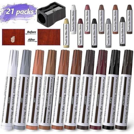 Kit de réparation de meubles, mastic à bois, stylos de retouche, marqueurs et bâtonnets de cire (21 pièces) (1/5)
